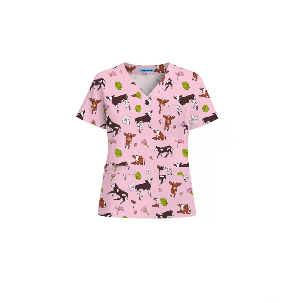 Playful Pink Cow Print “Moo-d Stabilizer” Women’s Scrub Top (Never worn!)